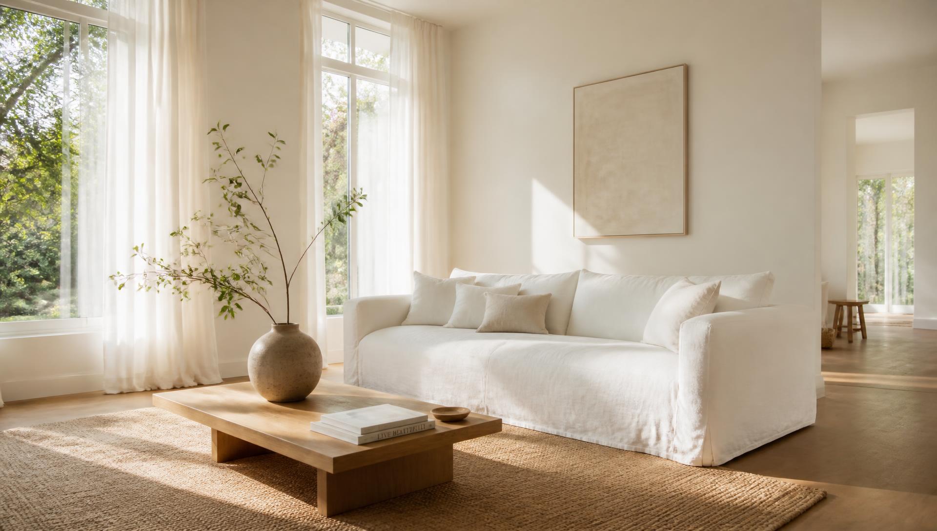 Sun-drenched minimal living room with white linen sofa and oak flooring