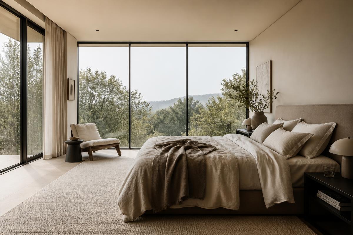 Staged bedroom with layered neutral linens and floor-to-ceiling windows